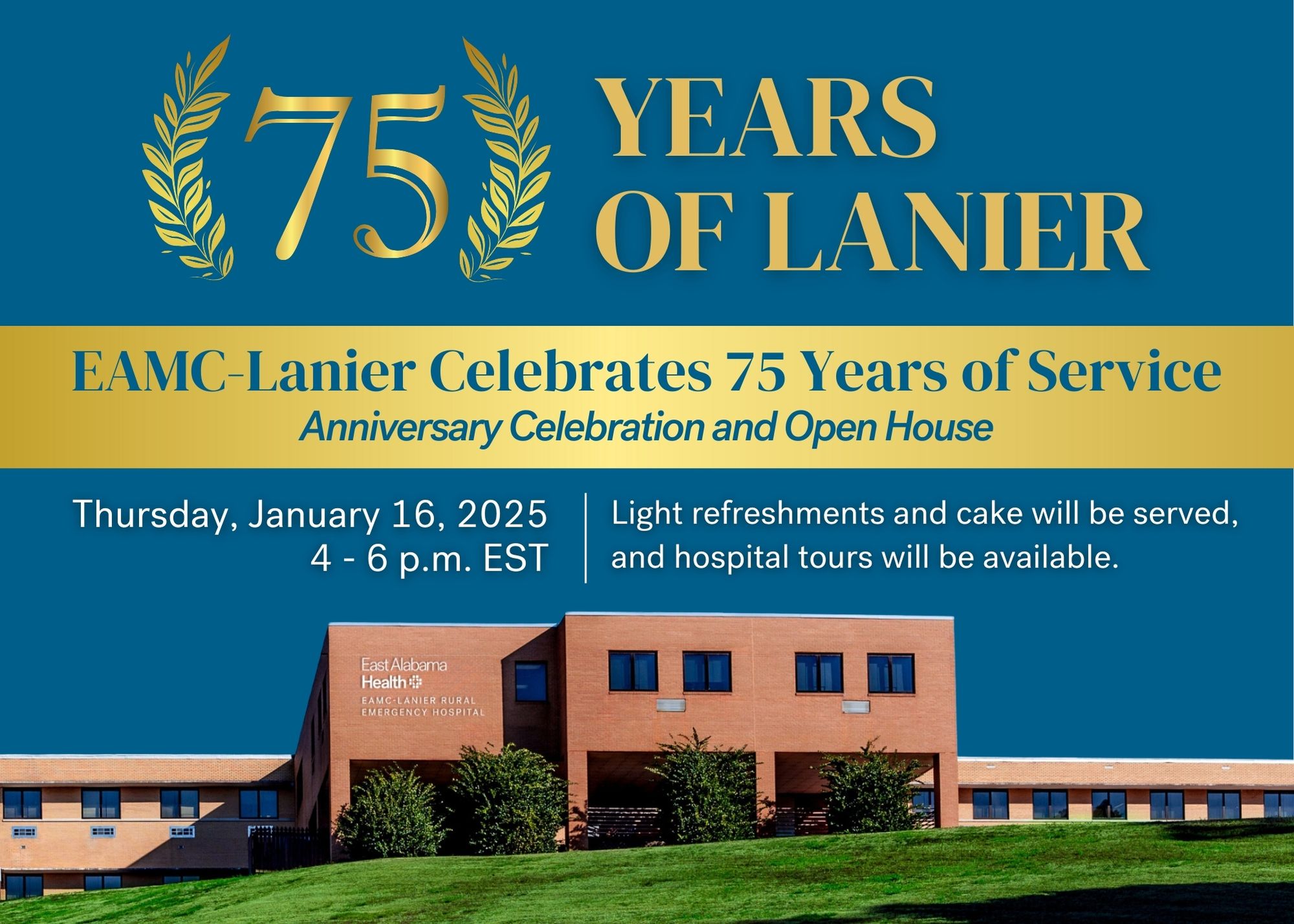 An invitation to EAMC-Lanier Rural Emergency Hospital's 75th anniversary.