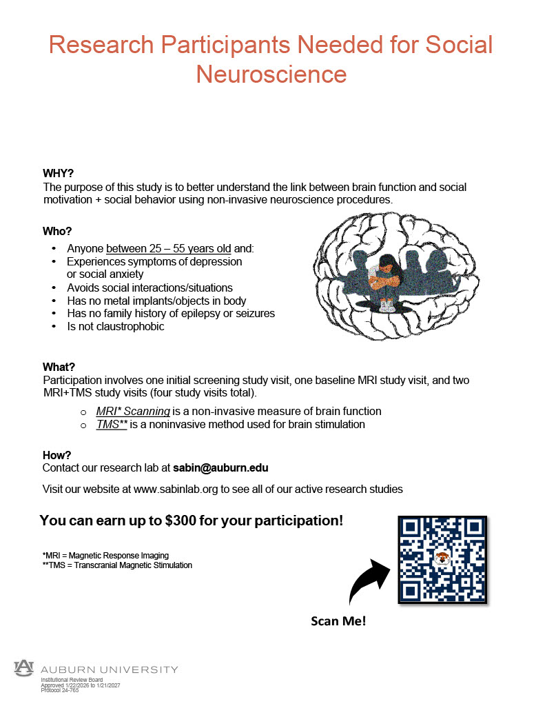 Flyer for Auburn University research study on social neuroscience.