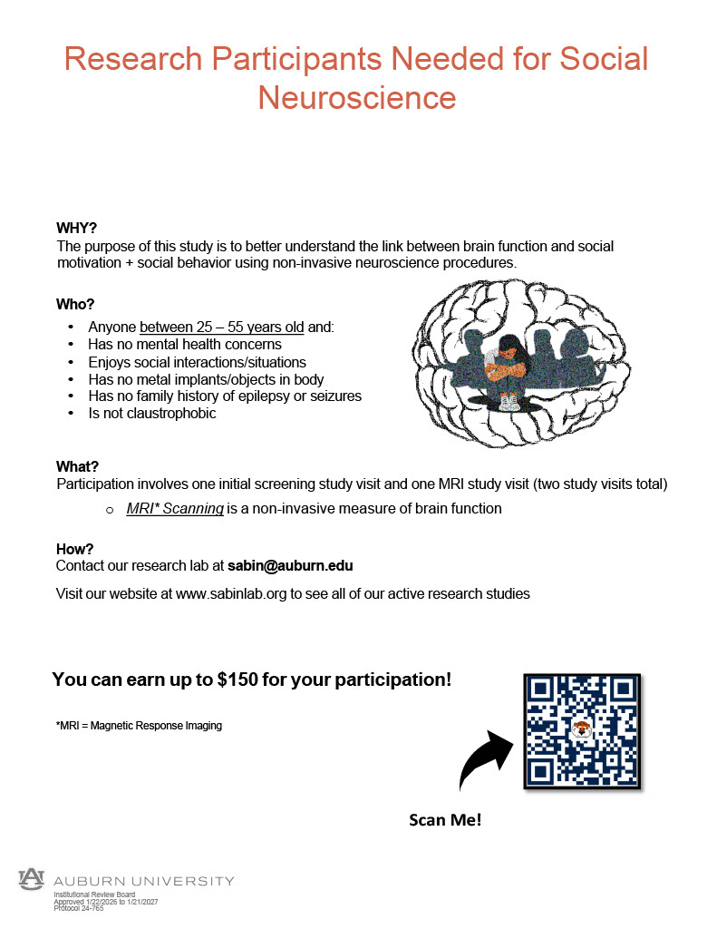 Flyer for Auburn University research study on social neuroscience.