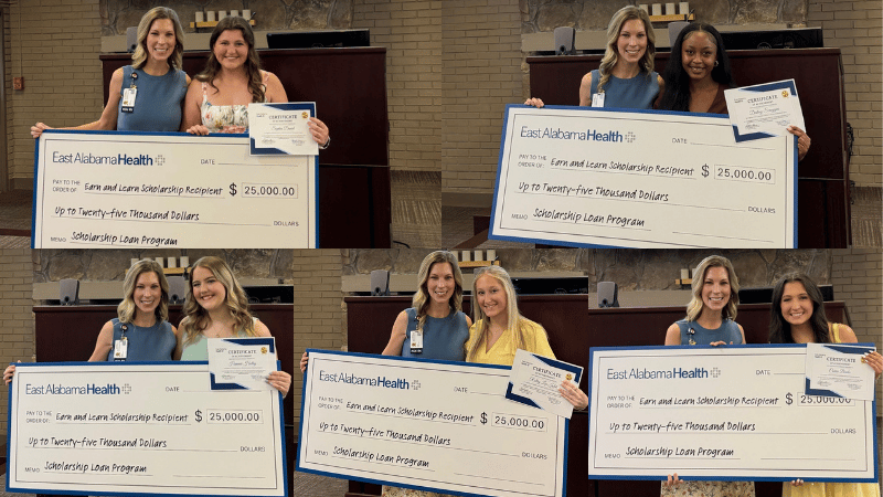 Recipients of East Alabama Health's Earn and Learn scholarship pose for photos.