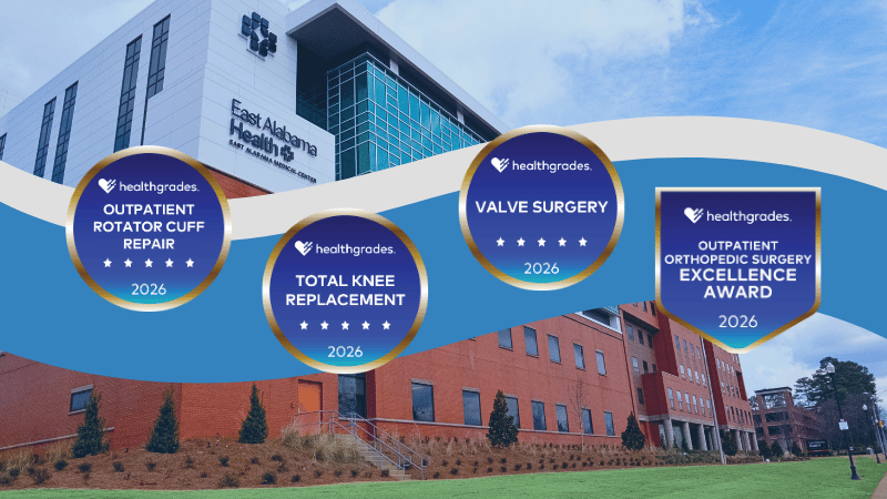 Healthgrades award seals for Outpatient Orthopedic Surgery Excellence Award and five-star ratings for three services, including total knee replacement, outpatient rotator cuff repair and valve surgery.