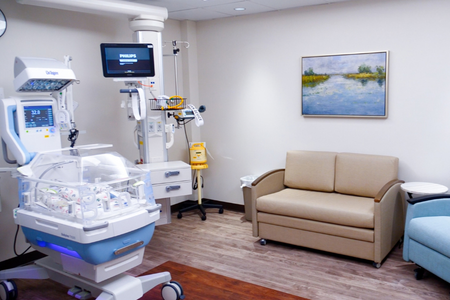 A patient room within the Neonatal Intensive Care Unit (NICU) at EAMC.